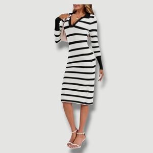 Zwurew - Large Striped Bodycon W/ Lapel V Neck